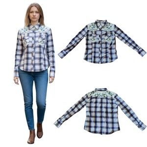 Vintage Rebel Plaid Embroidered Blue & White Floral Rhinestone Pearl Snap Shirt